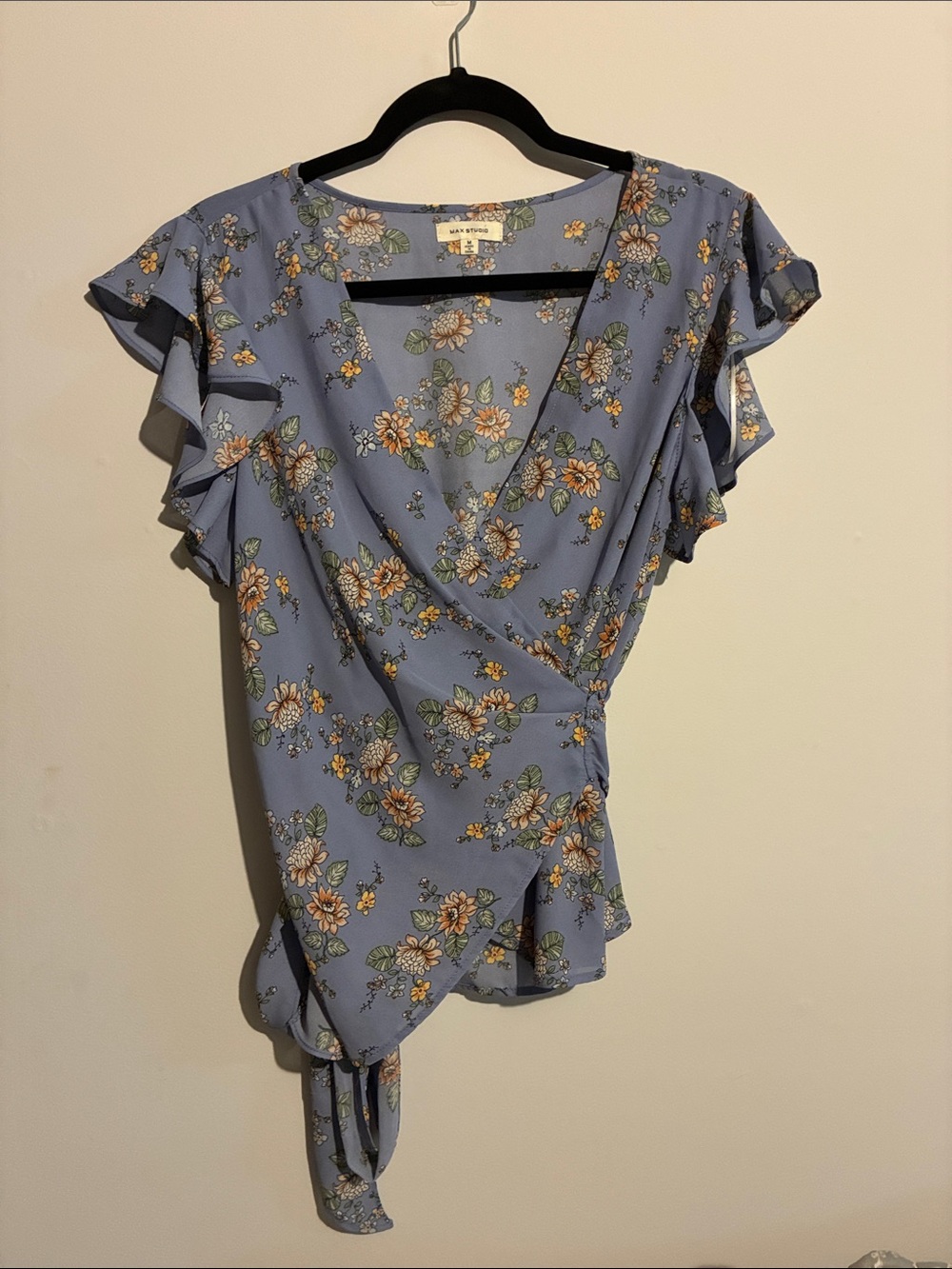 Max Studio Blue Floral Wrap Tie Blouse
